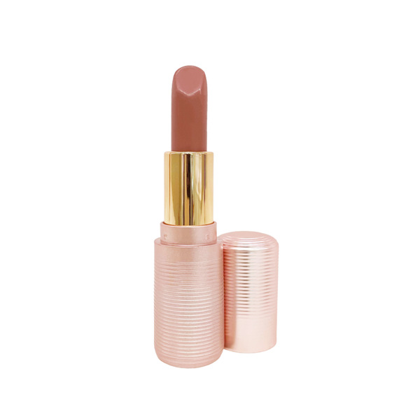 Lex and Jong Lip Rouge demi matte lipstick in Bohemian Gypsy - a sophisticated soft reddish brown nude shade. Fluted ribbed rose gold cosmetic packaging. 