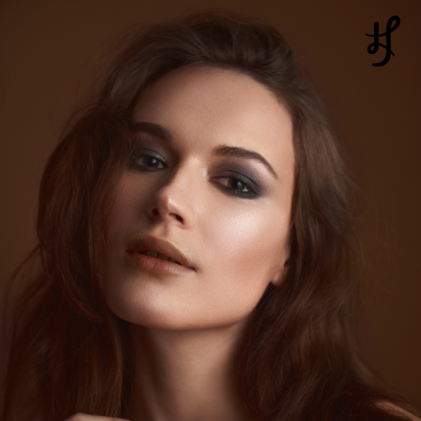 Beauty Armenian model with long deep brown hair and monochromatic soft bronze look portrait photography makeup inspiration campaign featuring Lex and Jong Lip Rouge demi matte lipstick in
