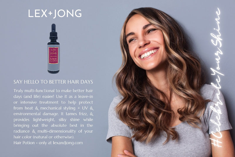 Lex and Jong highlighted hair main model smiling and product benefits text -  Hair Potion leave in and intensie mask treatment for anti-frizz, shine, styling / heat protection and nourishment for hair