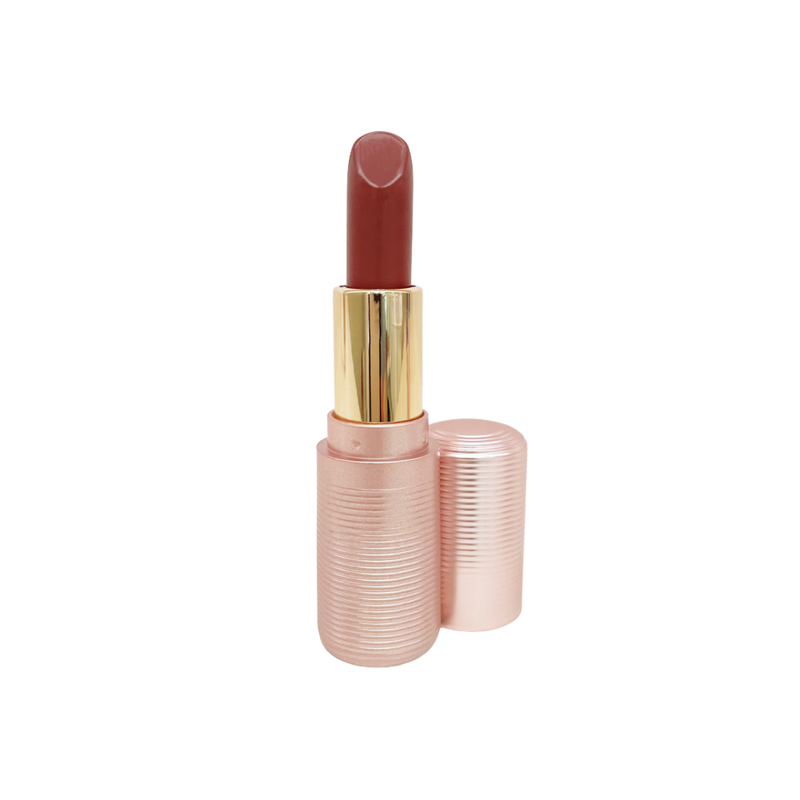 Lex and Jong Lip Rouge demi matte  lipstick in Kissing Valentino, a deep, spiced demi matte red lipstick in rose gold fluted packaging