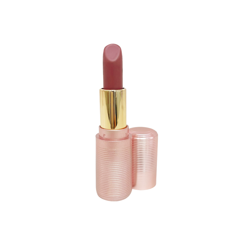 Lex and Jong Lip rouge demi matte lipstick in Love again a rosy berry shade in fluted rose gold packaging.