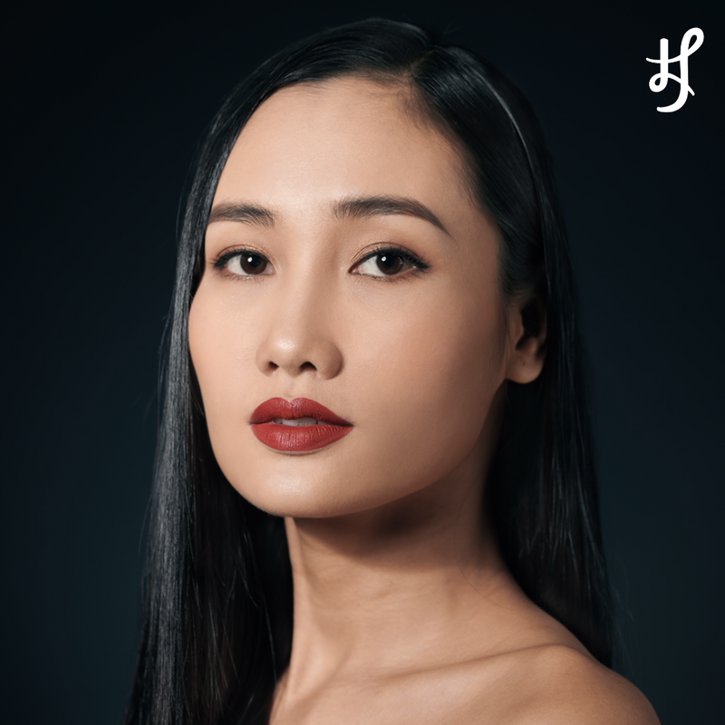 Beauty photography campaign featuring beautiful Asian model  Spanish Red burnt orange red lipstick shade