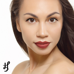 Beauty photography campaign beautiful model with Spanish Red burnt orange red lipstick shade