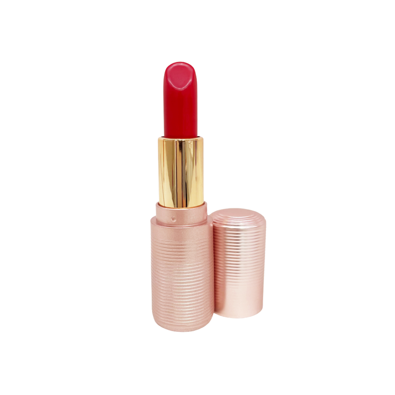 Lex and Jong Lip Rouge in Rebellious Empress - a red with blue undertone in rose gold packaging.