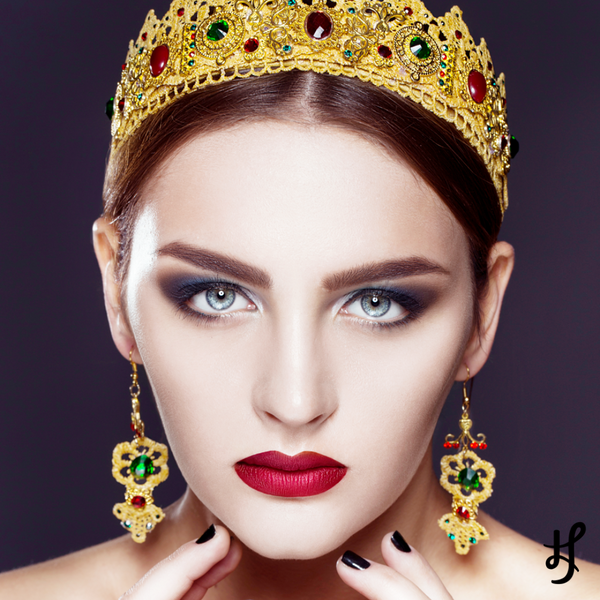 Beauty campaign fantasy inspired image photography of model as royalty empress, queen, or princess featuring matte red lipstick with blue undertone - Lex and Jong Lip Rouge in Rebellious Empress. Makeup Inspiration