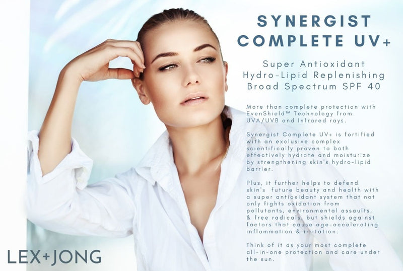 SYNERGIST COMPLETE UV+ Super Antioxidant Hydro-Lipid Replenishing Broad Spectrum SPF 40 benefits info and main model image 