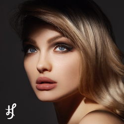 Beauty photography beautiful blond model makeup inspiration campaign featuring nude pink lips  and smoky eyes. Lex and Jong Lip Rouge lipstick in Sweet Song with Synergist volumizing plumping  lip serum as gloss.