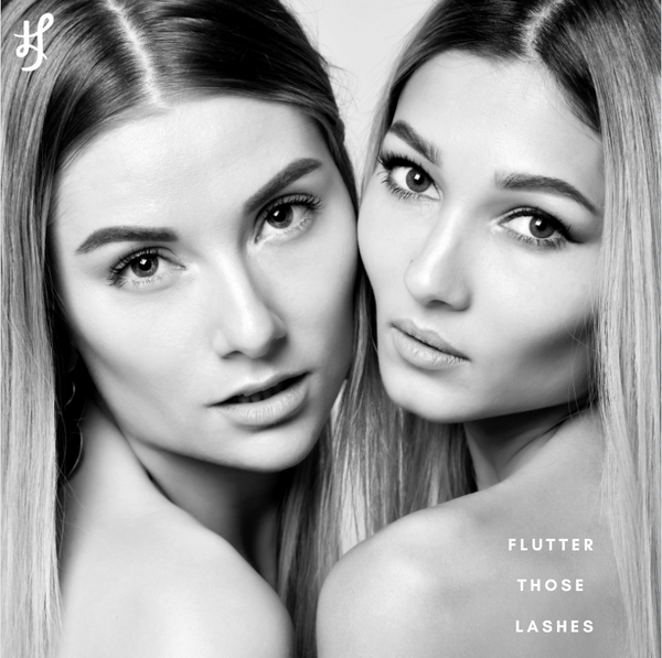 Black and white beauty photography campaign with two models for Lex and Jong Tokyo Lash Nourishing Mascara for Length and Definition - extra smudge and clump resistant