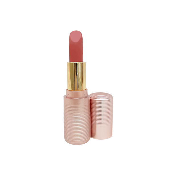Lex and Jong Lip Rouge demi matte lipstick in Venus In Love - a rich rosy pink with hints of coral. Fluted rose gold cosmetic packaging