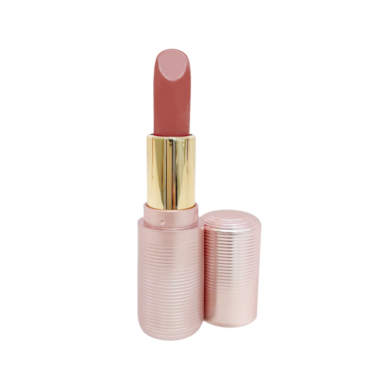 Lex and Jong demi matte sculpting care lipstick in Yes, Ms. Erica - a universal rosy mauve brown shade. Fluted ribbed rose gold cosmetic packaging.